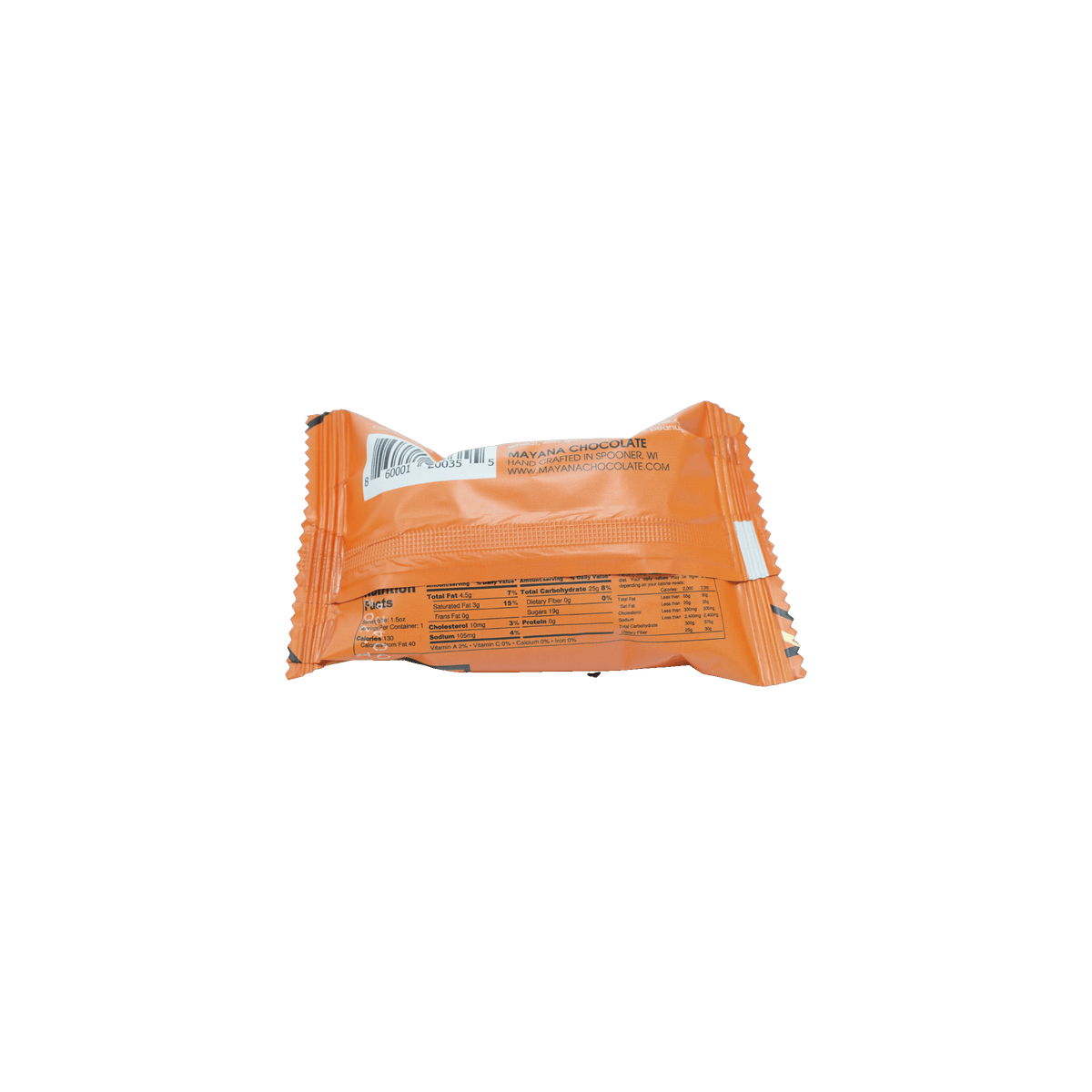 Back of the orange Mayana Pumpkin Spice Bar Mini wrapper with a barcode, Spooner Wisconsin address, and nutrition panel.