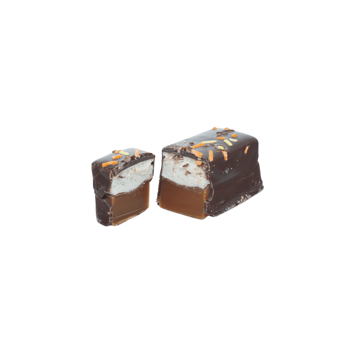 Two cut Mayana Pumpkin Spice Bar Minis showing layers of marshmallow over caramel under dark chocolate.