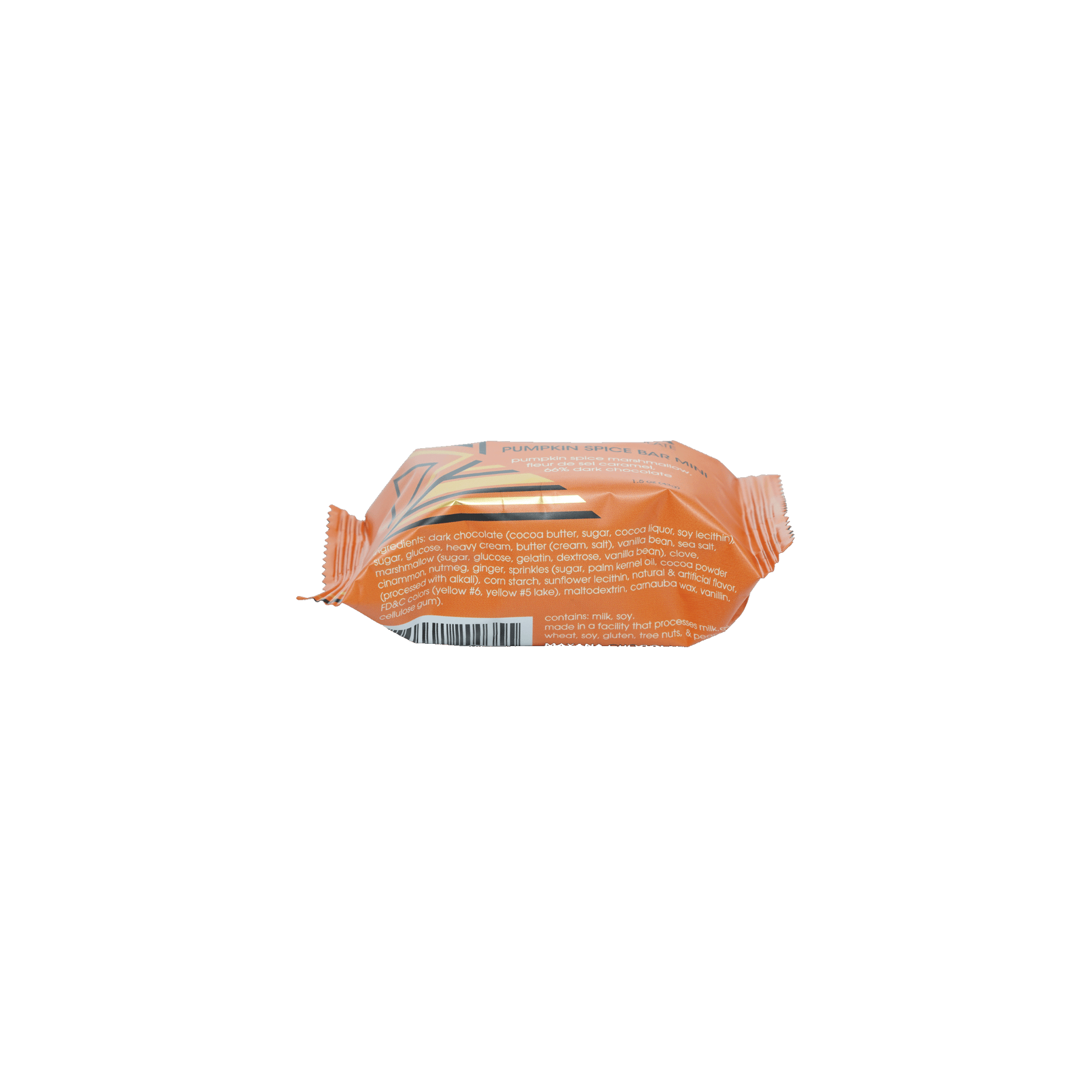 Underside of the orange Mayana Pumpkin Spice Bar Mini wrapper showing the ingredient list and allergen statement.