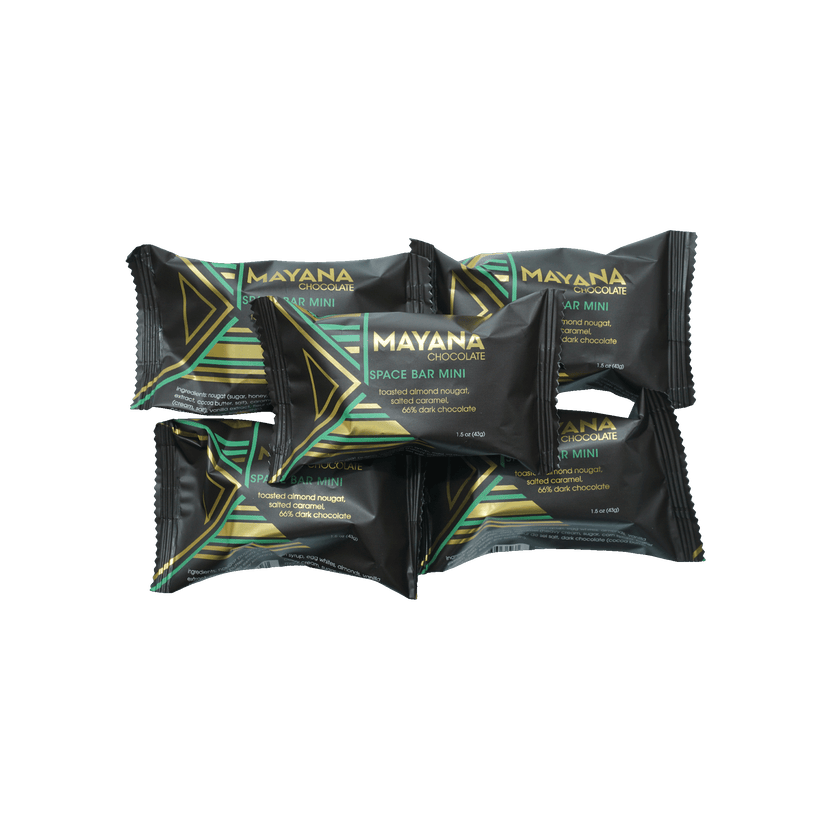Mayana Chocolate Mini Space Bar in black teal foil with gold accents