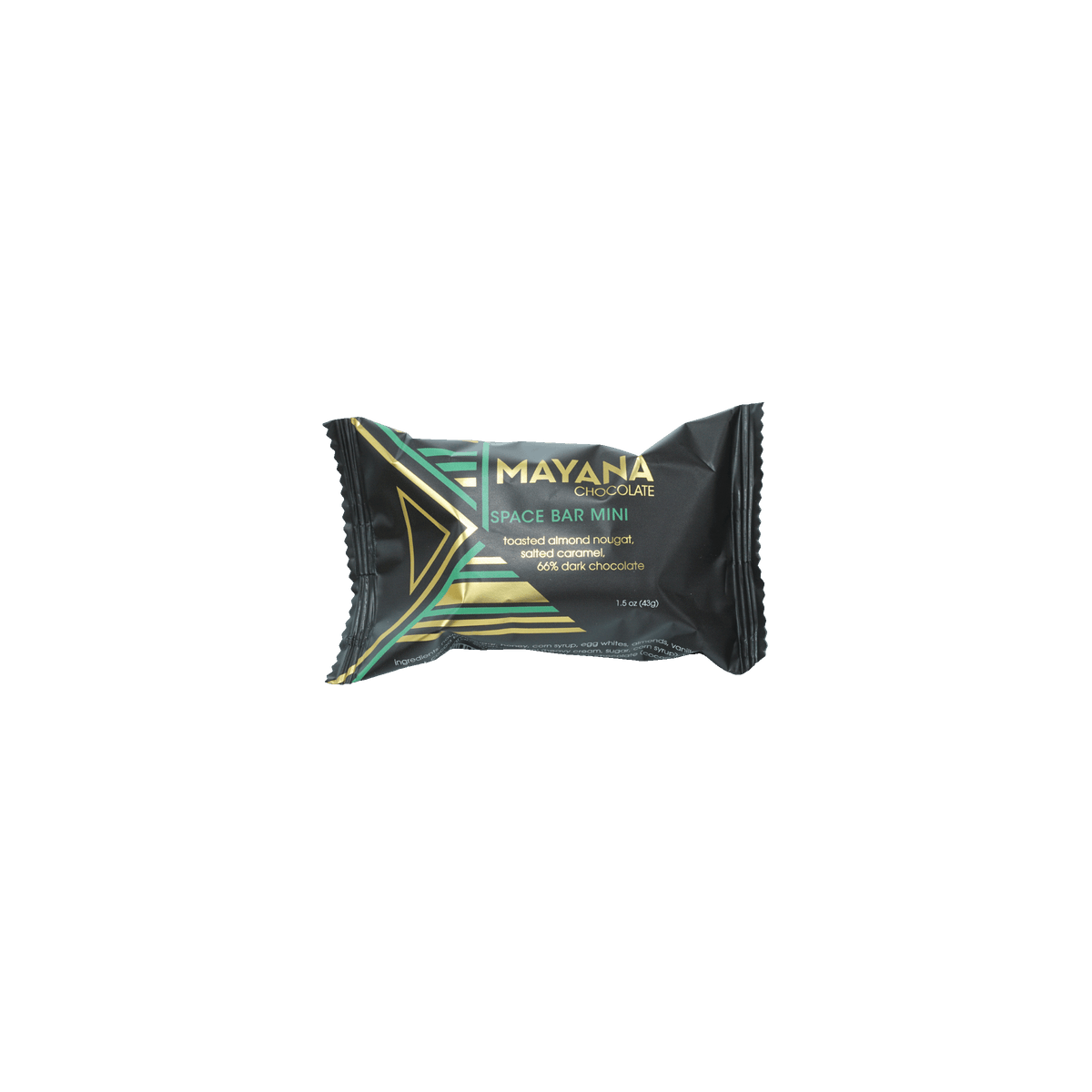 Mayana Chocolate Mini Space Bar in sleek black teal foil with gold accents