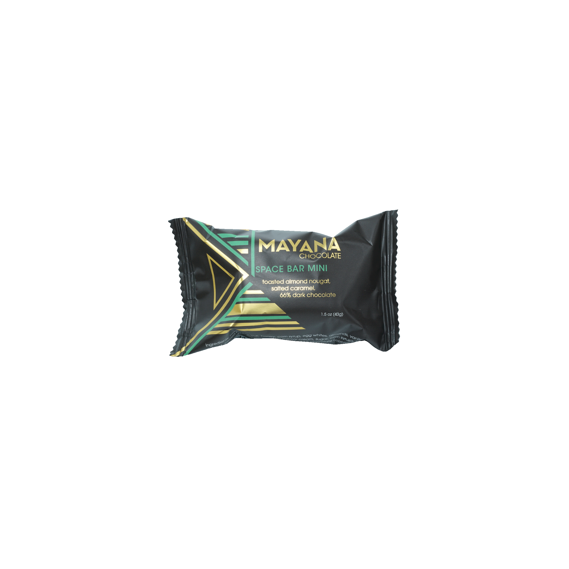 Mayana Chocolate Mini Space Bar in sleek black teal foil with gold accents