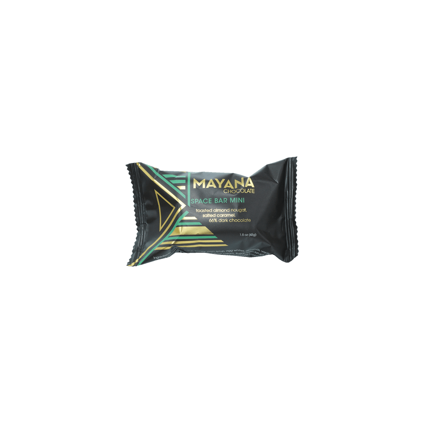 Mayana Chocolate Mini Space Bar in sleek black teal foil with gold accents