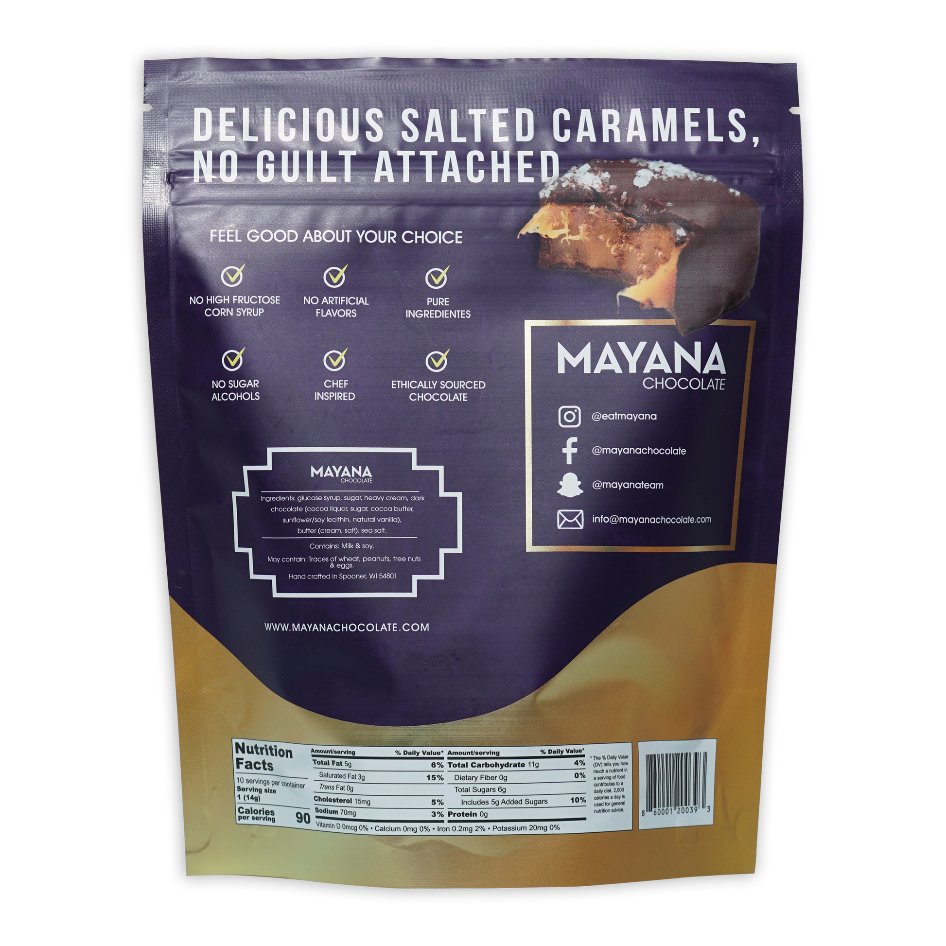 Mayana Chocolate Salted Caramels Bag 10 pcs dark purple gold pouch