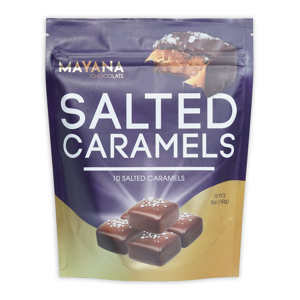 Mayana chocolate salted caramels bag, 10 pcs, purple gold pouch