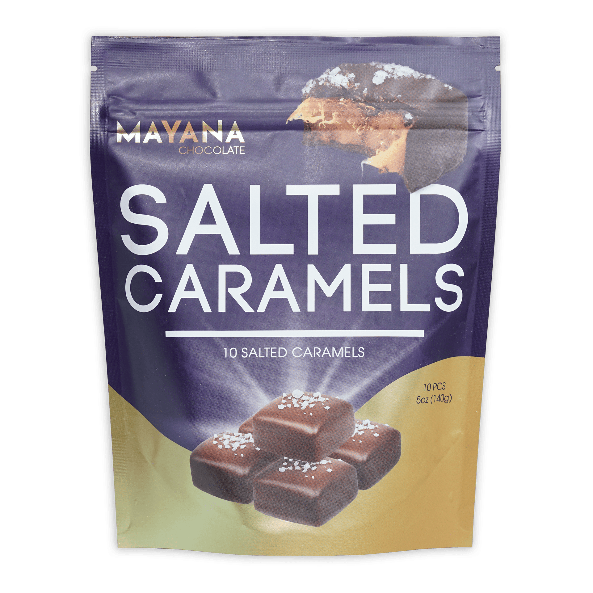 Mayana chocolate salted caramels bag, 10 pcs, purple gold pouch