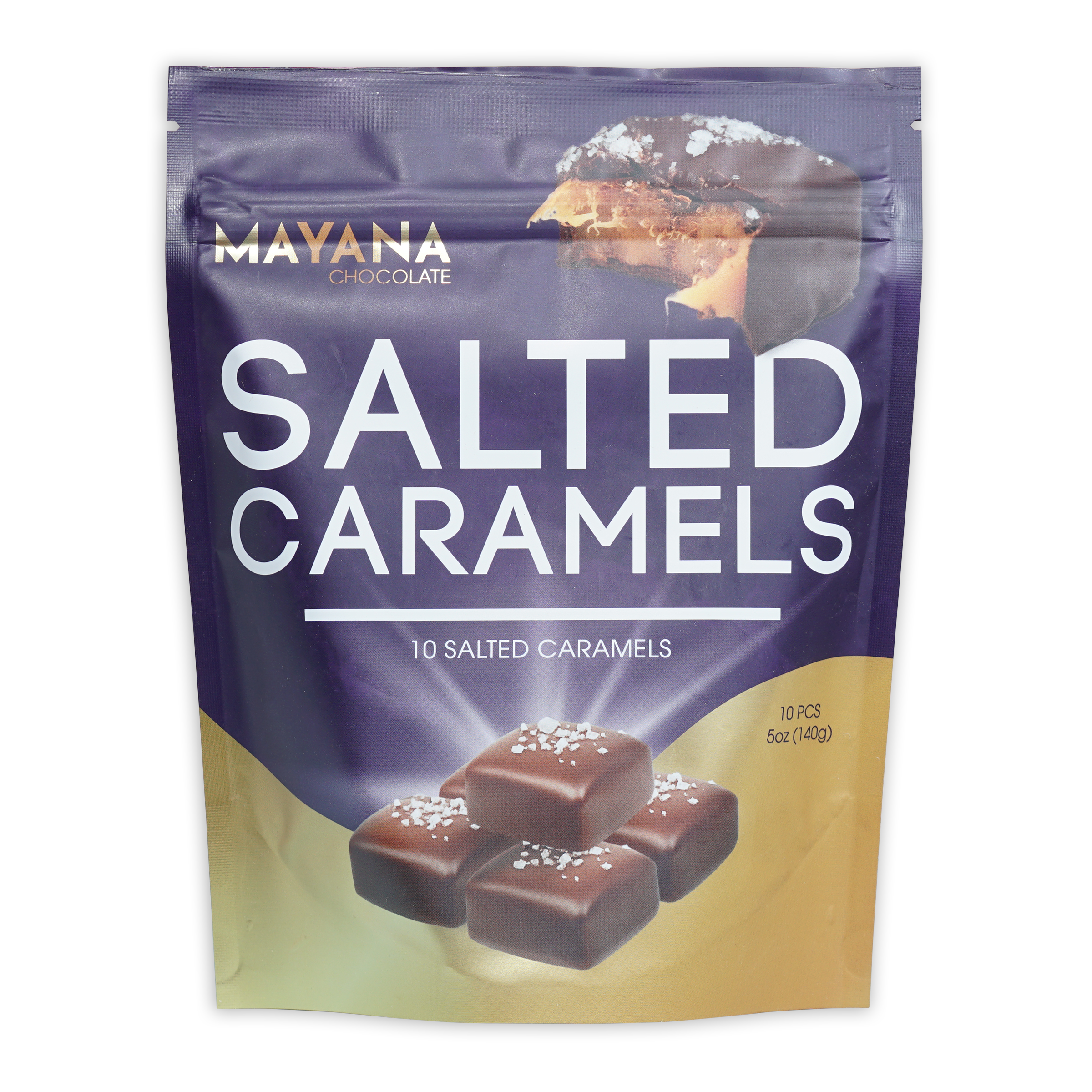 Mayana chocolate salted caramels bag, 10 pcs, purple gold pouch