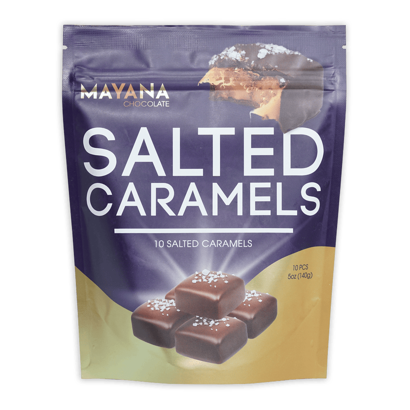 Mayana chocolate salted caramels bag, 10 pcs, purple gold pouch