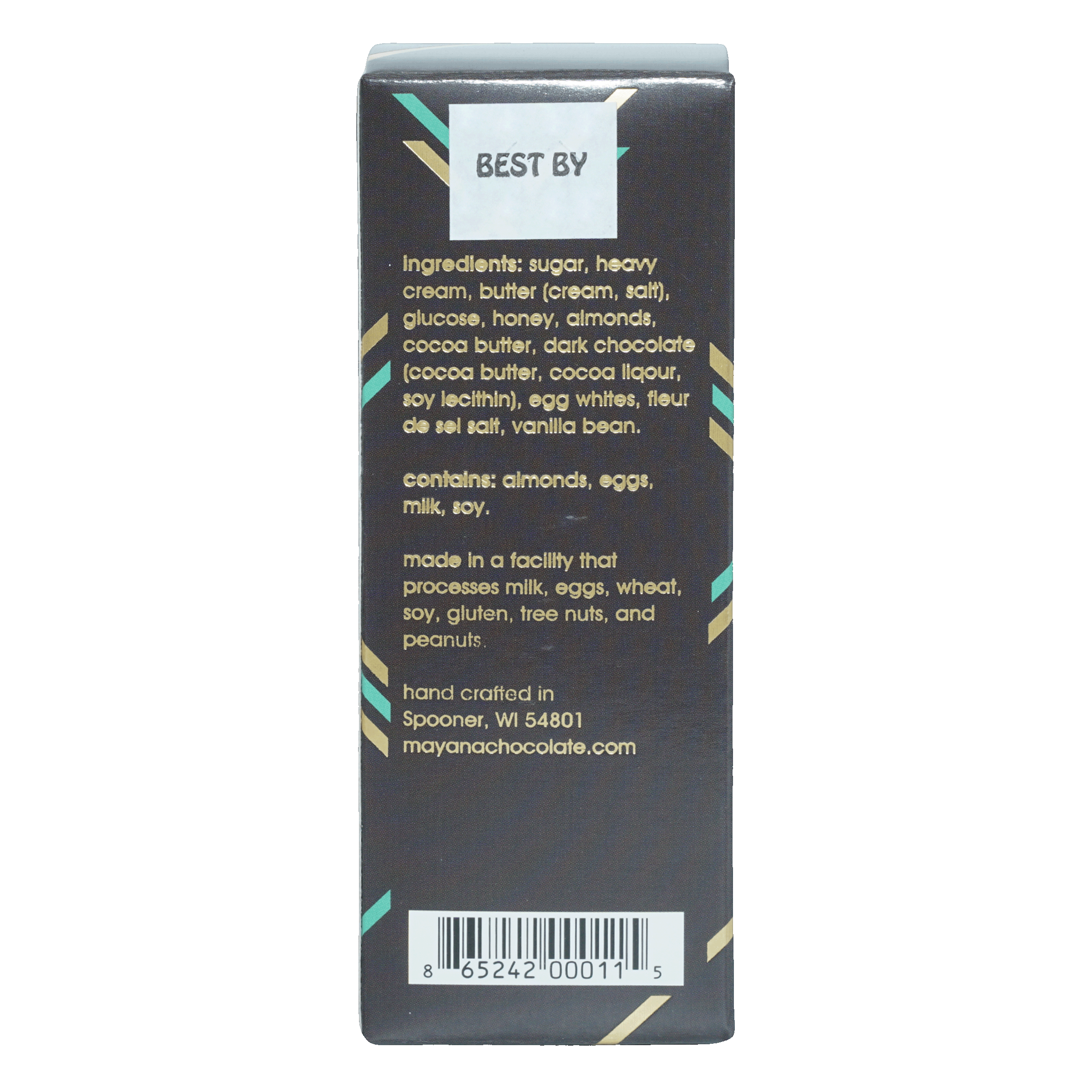 Mayana Chocolate Space Bar black box with gold teal accents and best by label