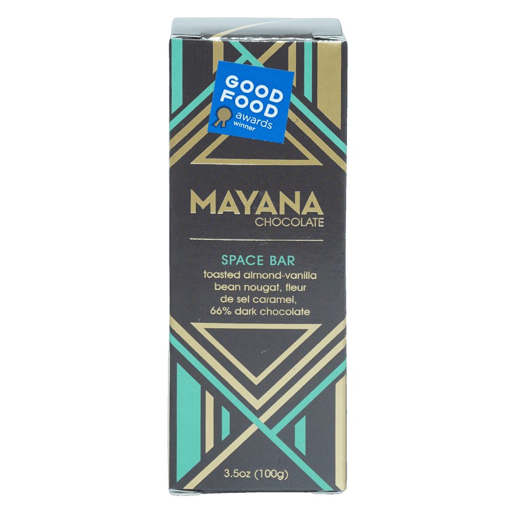 Mayana Chocolate Space Bar in sleek black gold teal geometric box