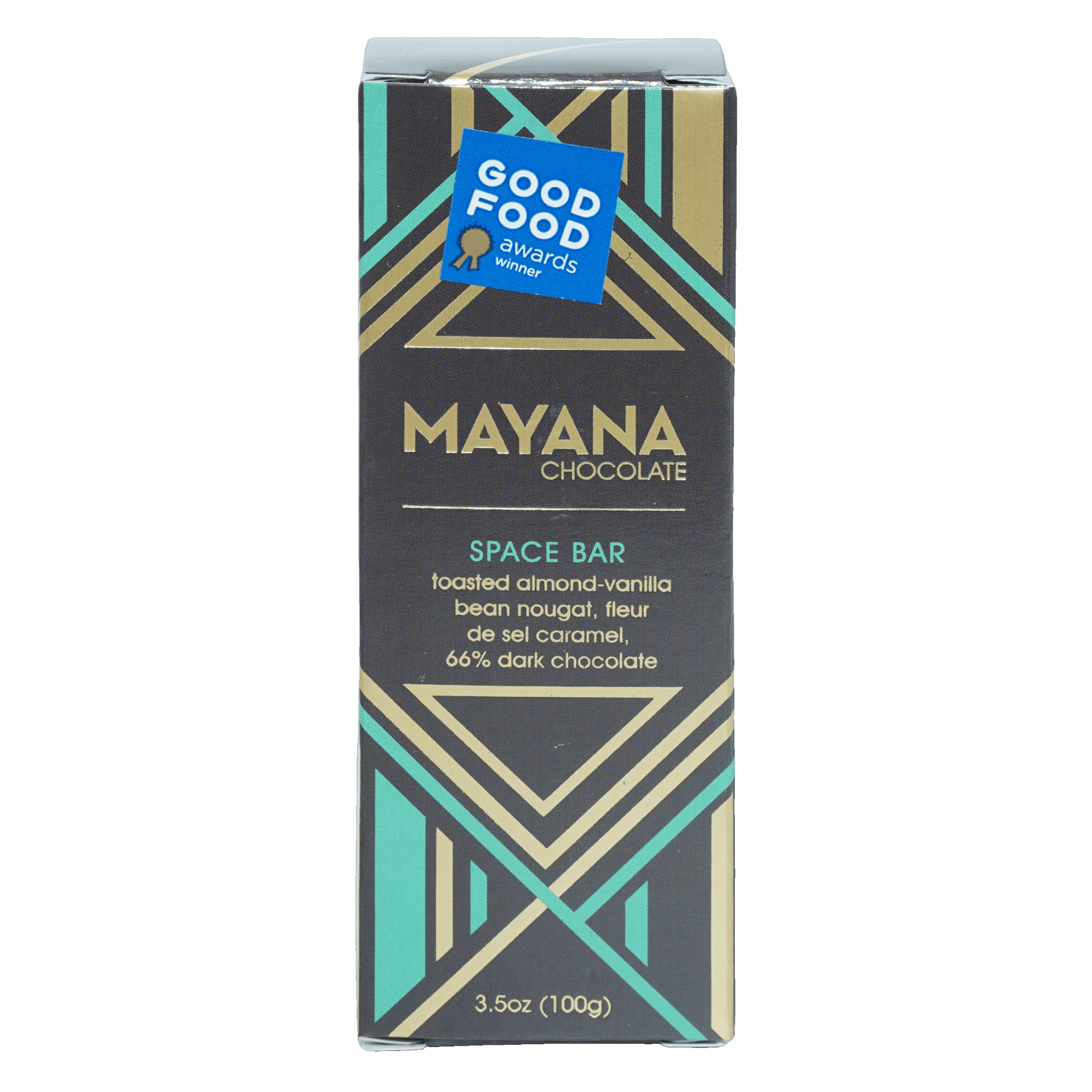 Mayana Chocolate Space Bar in sleek black gold teal geometric box