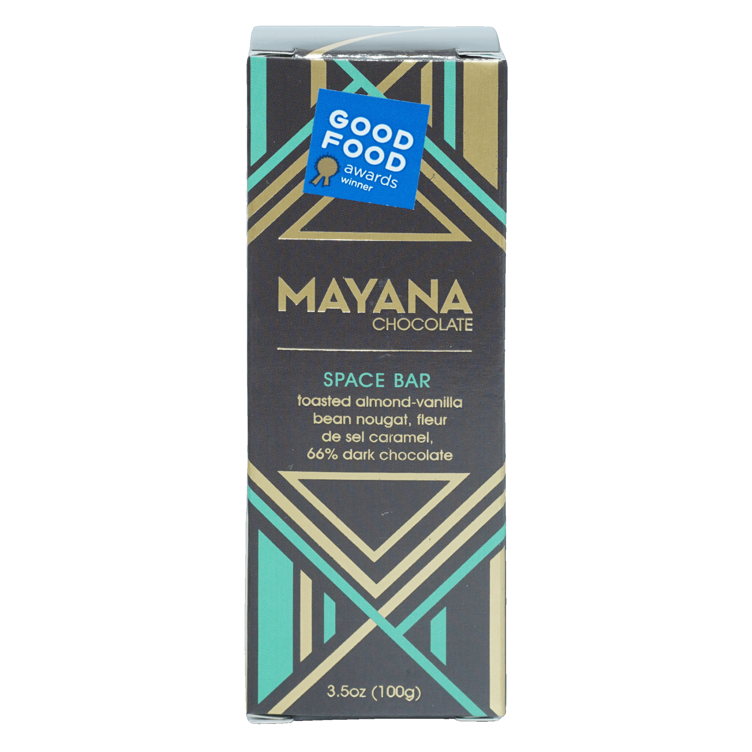 Mayana Chocolate Space Bar in sleek black gold teal geometric box
