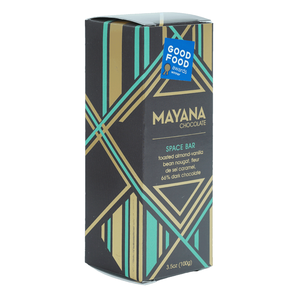 Mayana Chocolate Space Bar in sleek black gold teal geometric box