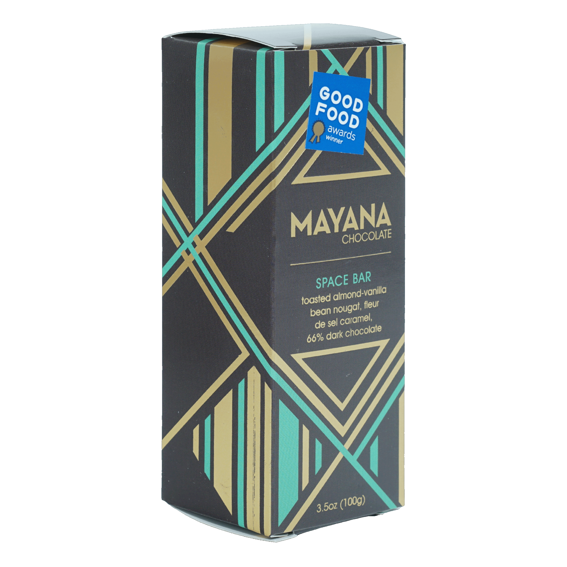 Mayana Chocolate Space Bar in sleek black gold teal geometric box