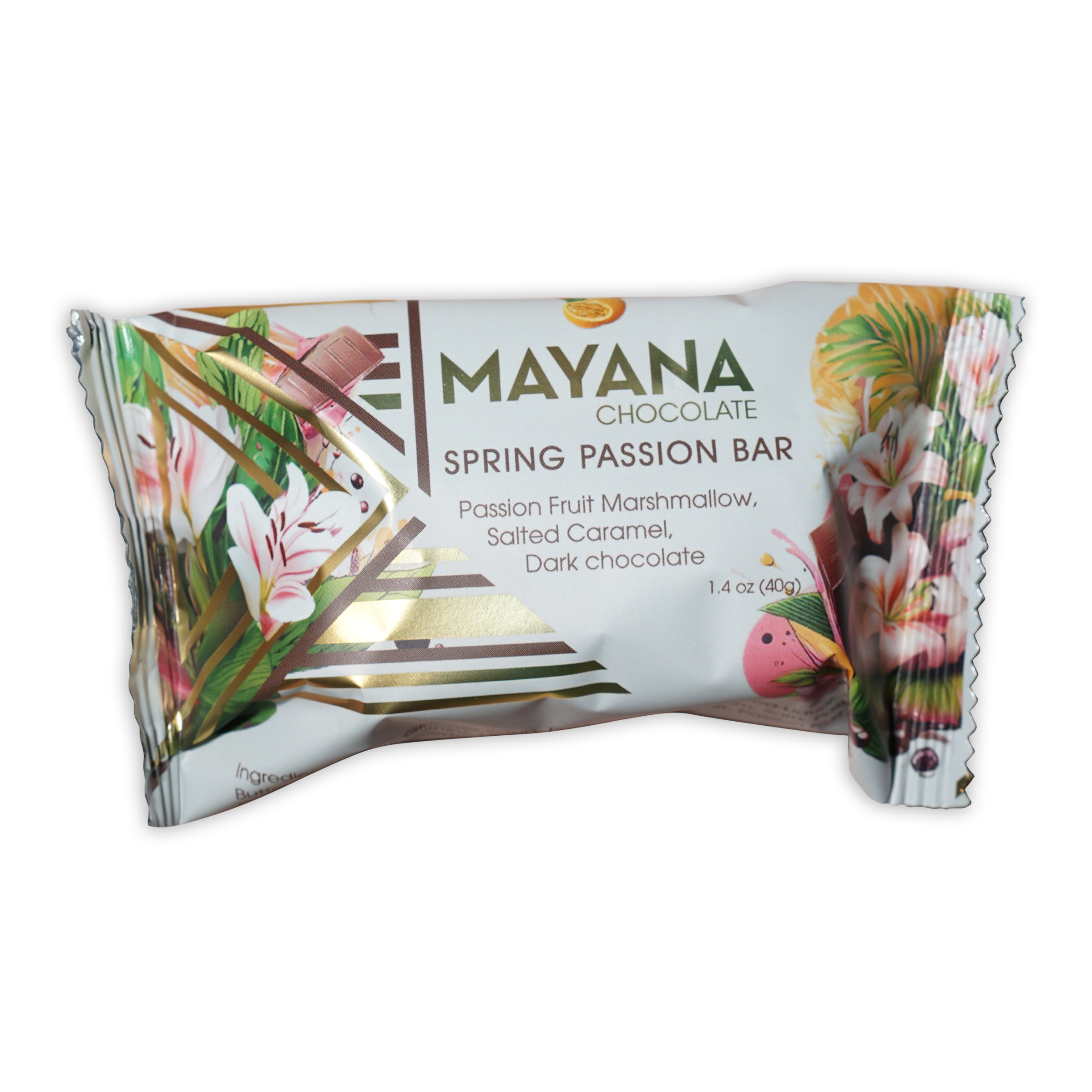 Mayana Chocolate Mini Spring Passion Bar in white gold foil wrapper