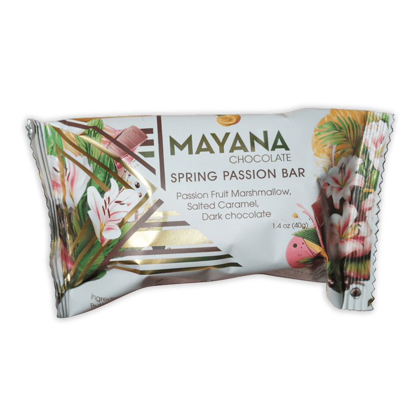 Mayana Chocolate Mini Spring Passion Bar in white gold foil wrapper