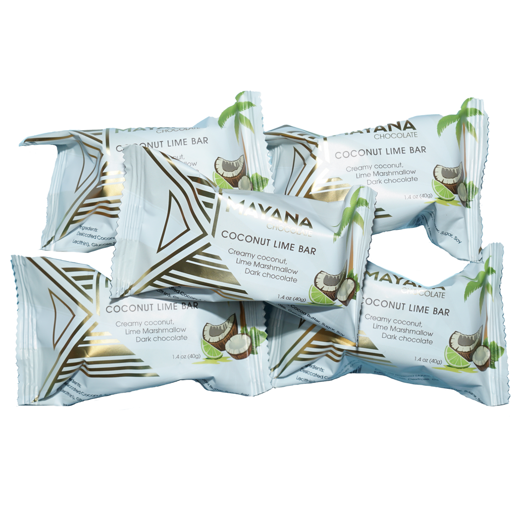 Mayana Chocolate Mini Coconut Lime Bar in white gold foil with palm graphics