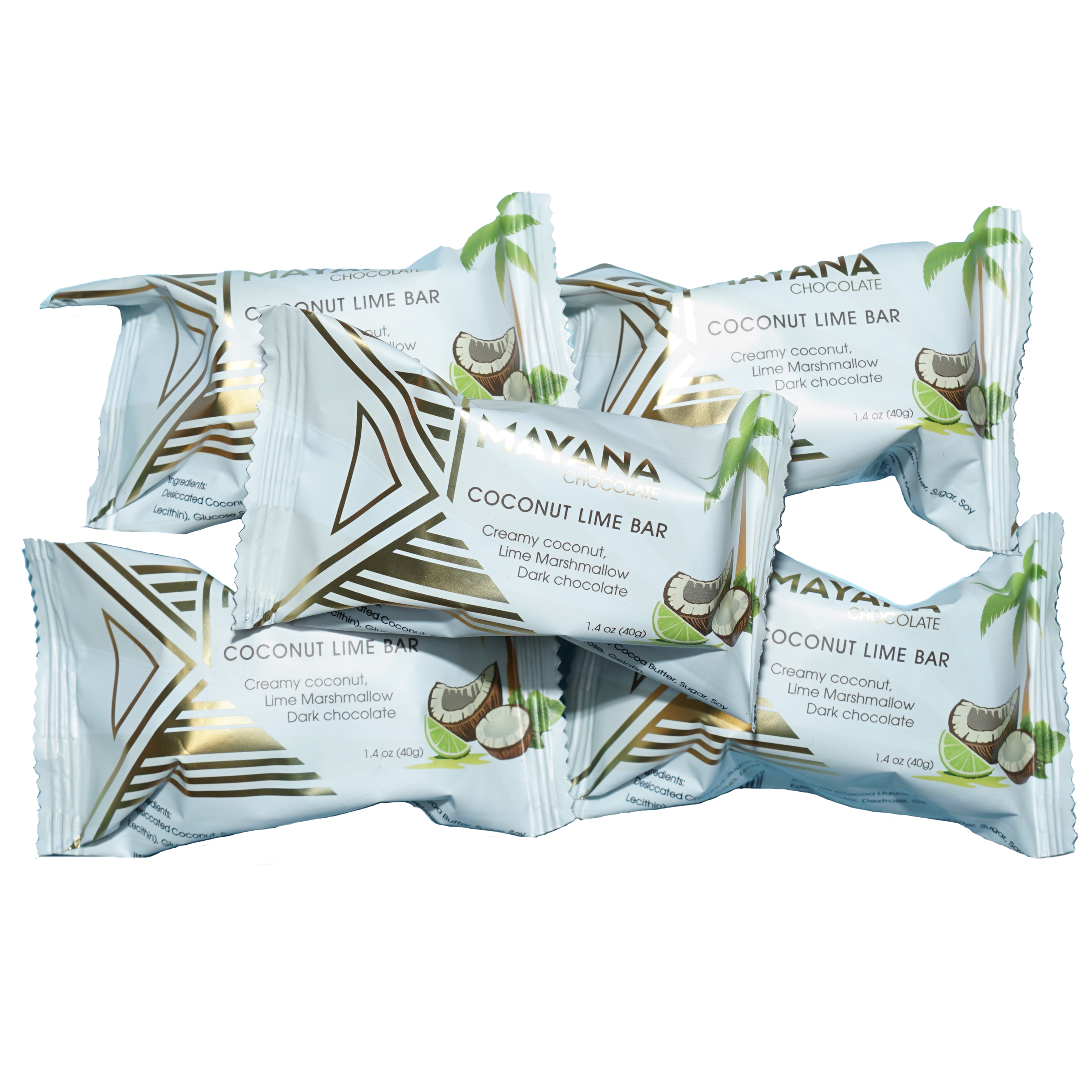 Mayana Chocolate Mini Coconut Lime Bar in white gold foil with palm graphics