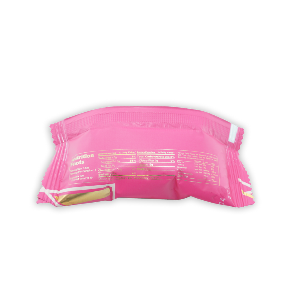 Back of Mayana Chocolate Mini Strawberry Rose Bar with pink glossy wrapper, gold foil accent, and nutrition facts