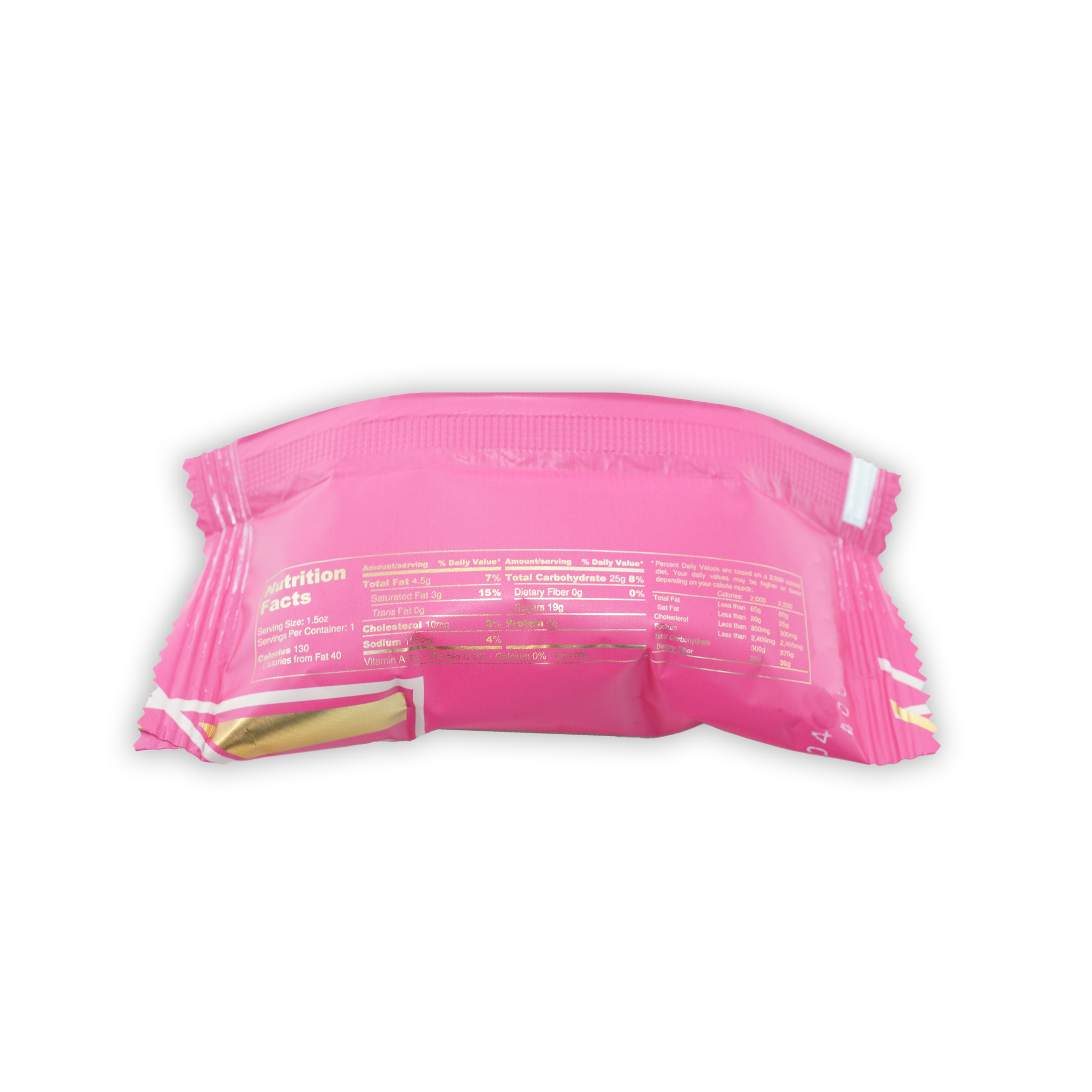 Back of Mayana Chocolate Mini Strawberry Rose Bar with pink glossy wrapper, gold foil accent, and nutrition facts