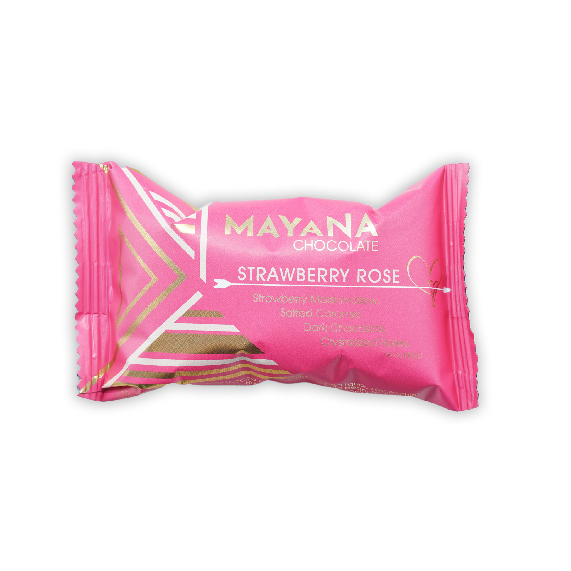 Mayana Chocolate Mini Strawberry Rose Bar in pink foil with gold patterns