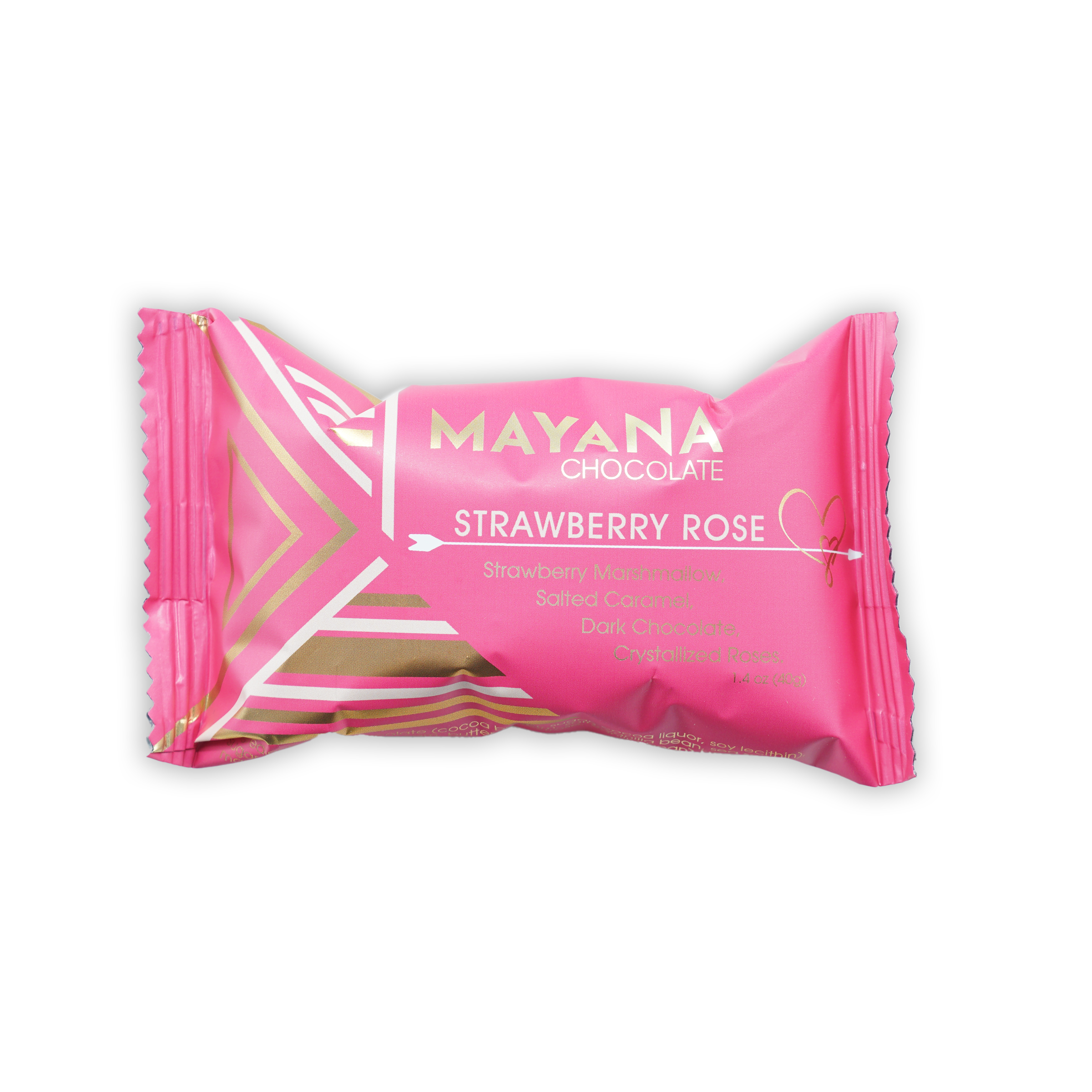 Mayana Chocolate Mini Strawberry Rose Bar in pink foil with gold patterns