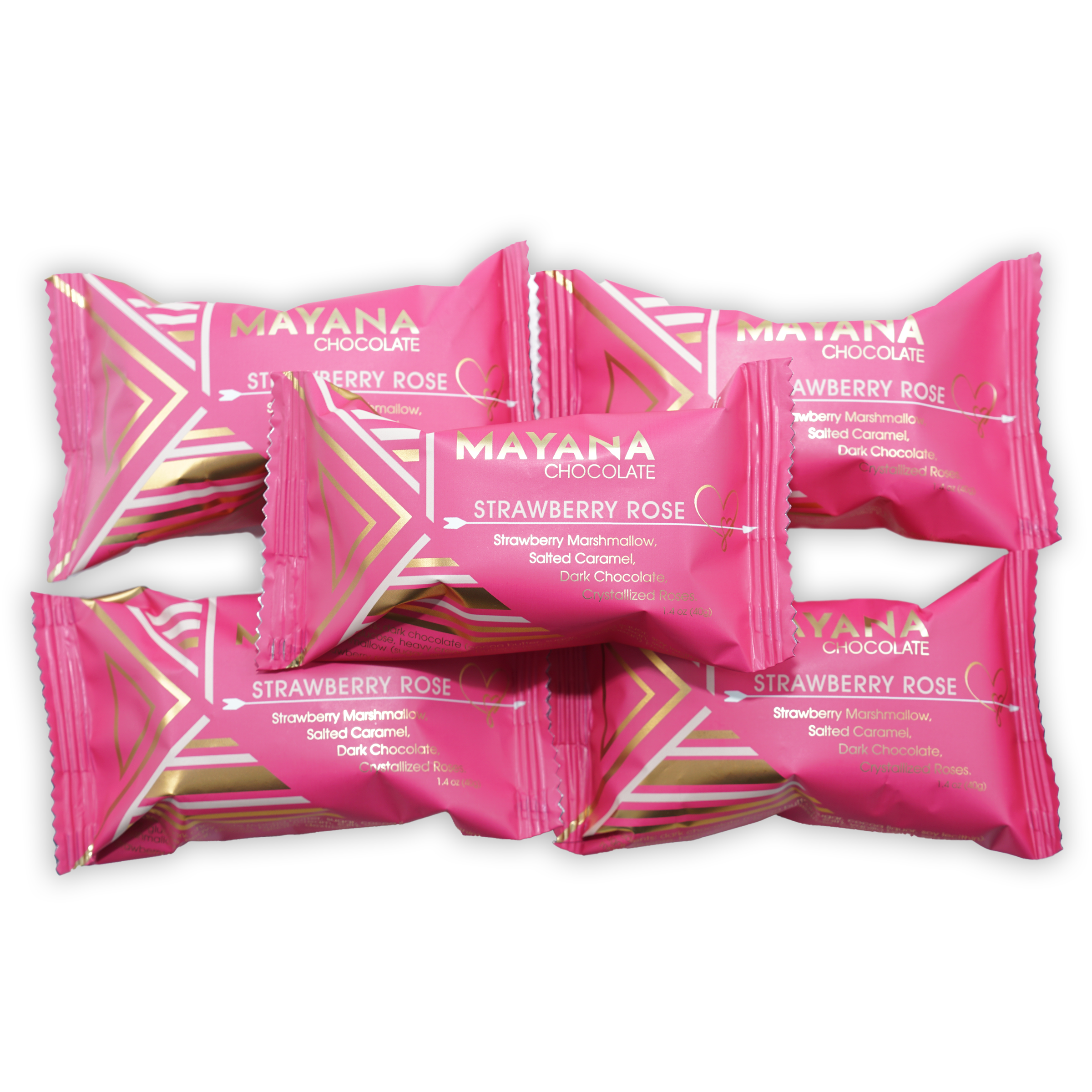 Pink Mayana Chocolate Mini Strawberry Rose Bars in foil with gold patterns