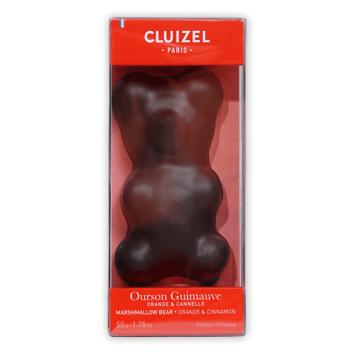 Michel Cluizel glossy dark brown chocolate marshmallow Christmas bear in clear box