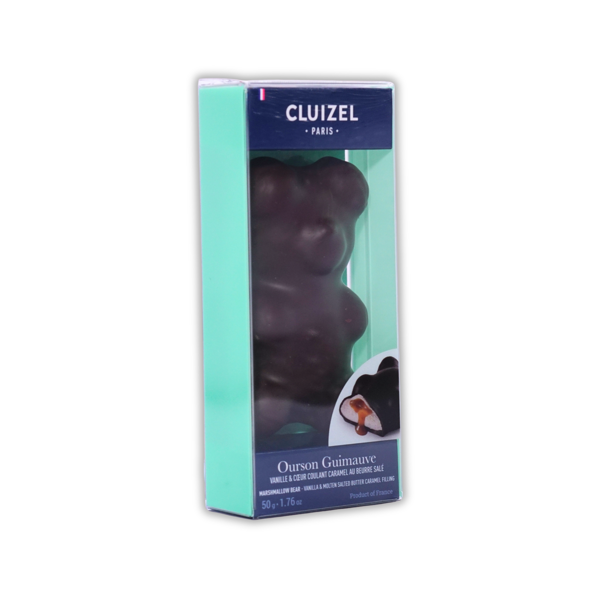 Cluizel chocolate marshmallow bear inside a clear and mint-green box, labeled Ourson Guimauve.