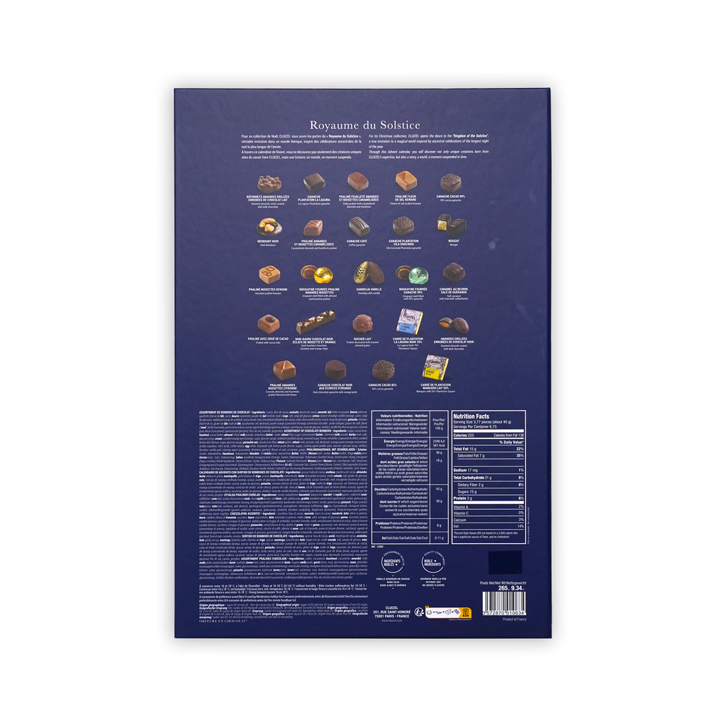Back of a dark blue Cluizel advent calendar box showing a grid of chocolate pieces, ingredients, and nutrition facts.
