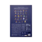 Back of a dark blue Cluizel advent calendar box showing a grid of chocolate pieces, ingredients, and nutrition facts.
