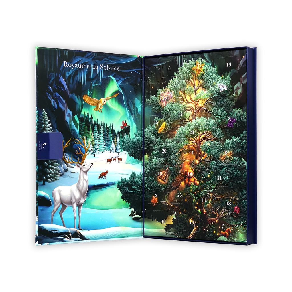 Opened Cluizel advent calendar reading Royaume du Solstice, showing a winter stag scene and a tree with numbered doors.