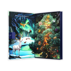 Opened Cluizel advent calendar reading Royaume du Solstice, showing a winter stag scene and a tree with numbered doors.