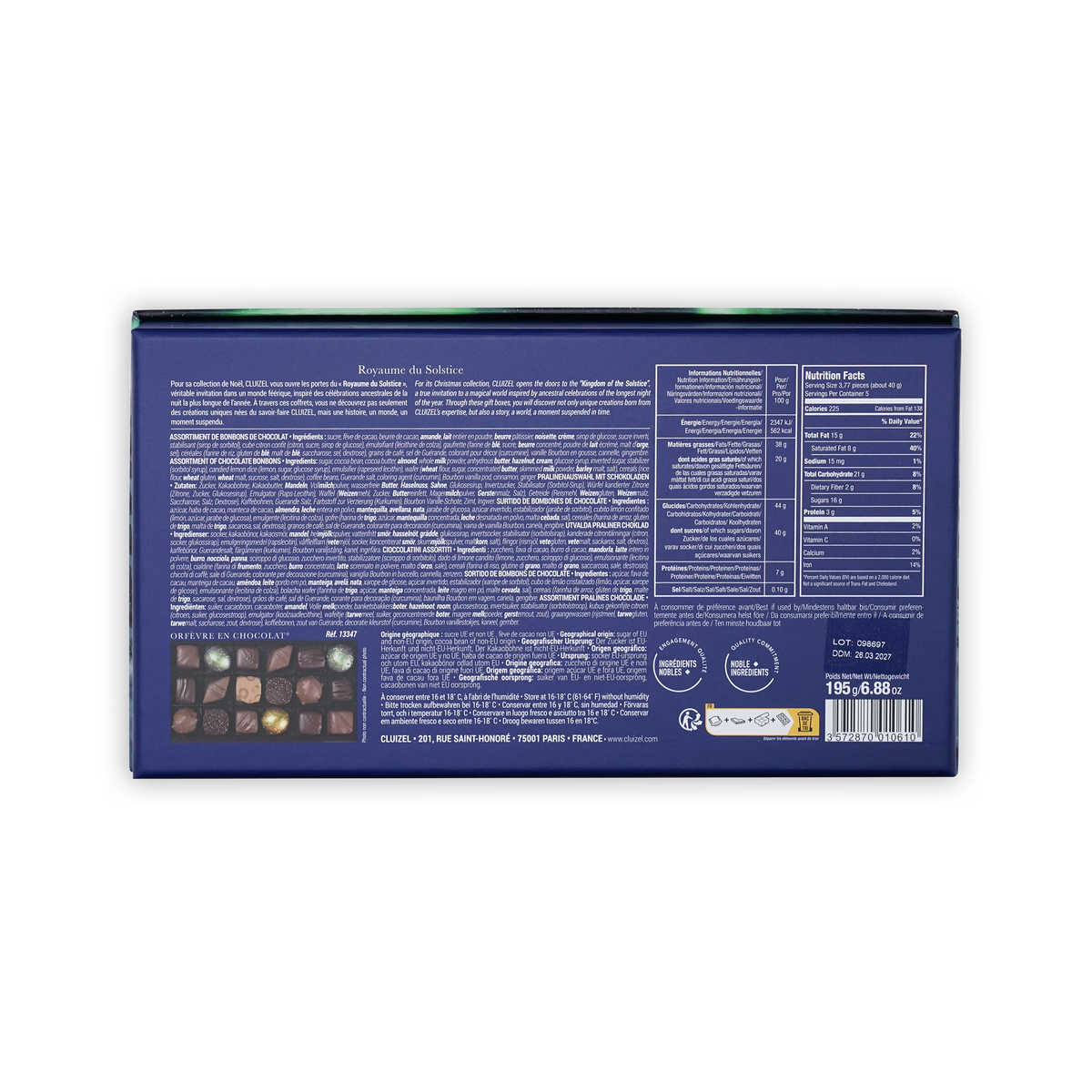 Back of a dark blue Michel Cluizel box on a white background, showing printed ingredients, nutrition facts, and a barcode.