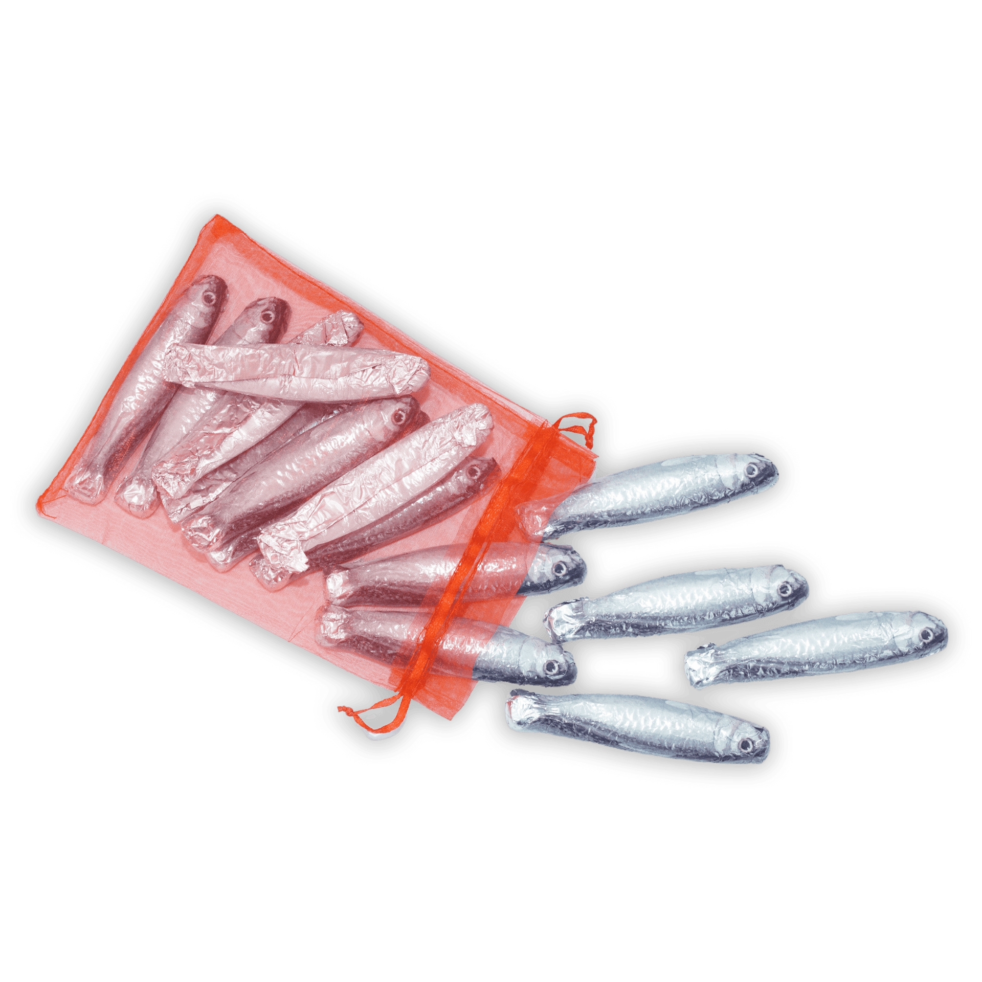 Michel Cluizel milk chocolate sardine bag with shiny silver fish in orange mesh