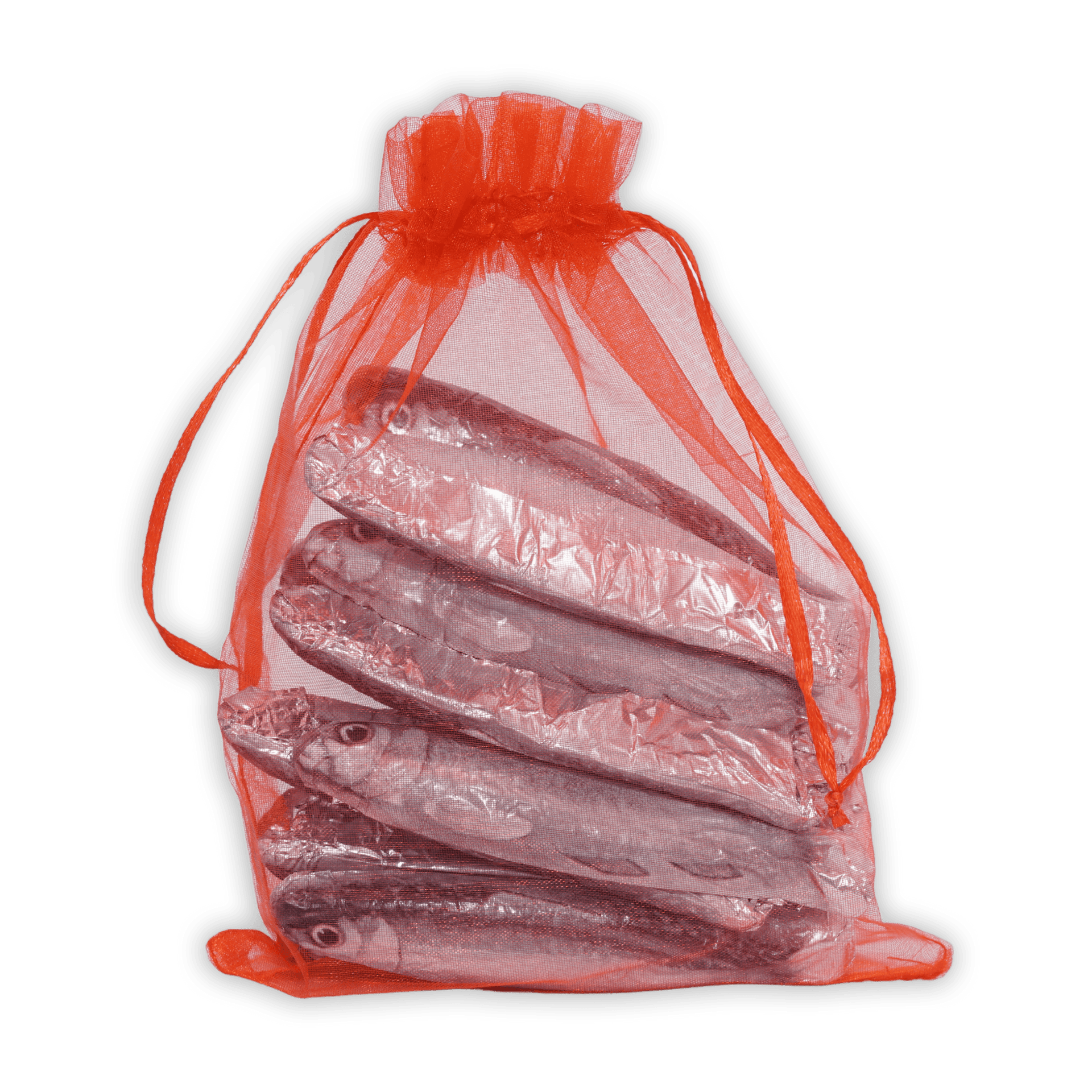 Translucent orange organza bag of Michel Cluizel foil-wrapped silver chocolate sardines