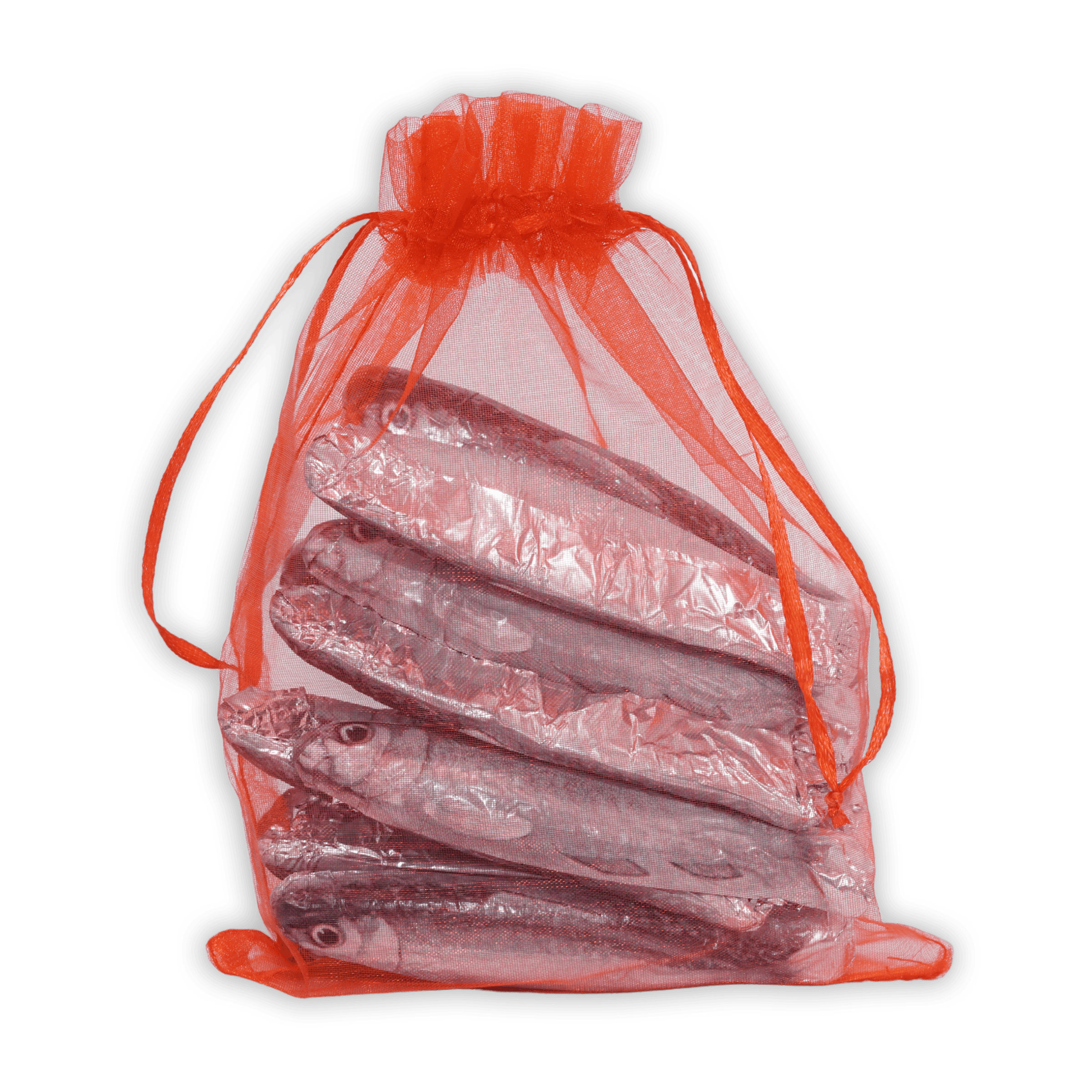 Translucent orange organza bag of Michel Cluizel foil-wrapped silver chocolate sardines