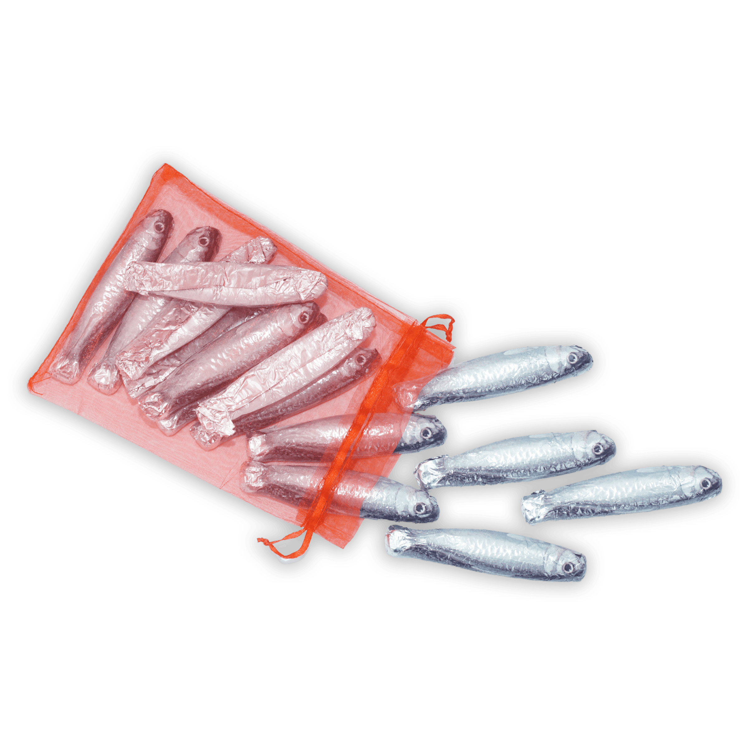Michel Cluizel milk chocolate sardine bag with shiny silver fish in orange mesh