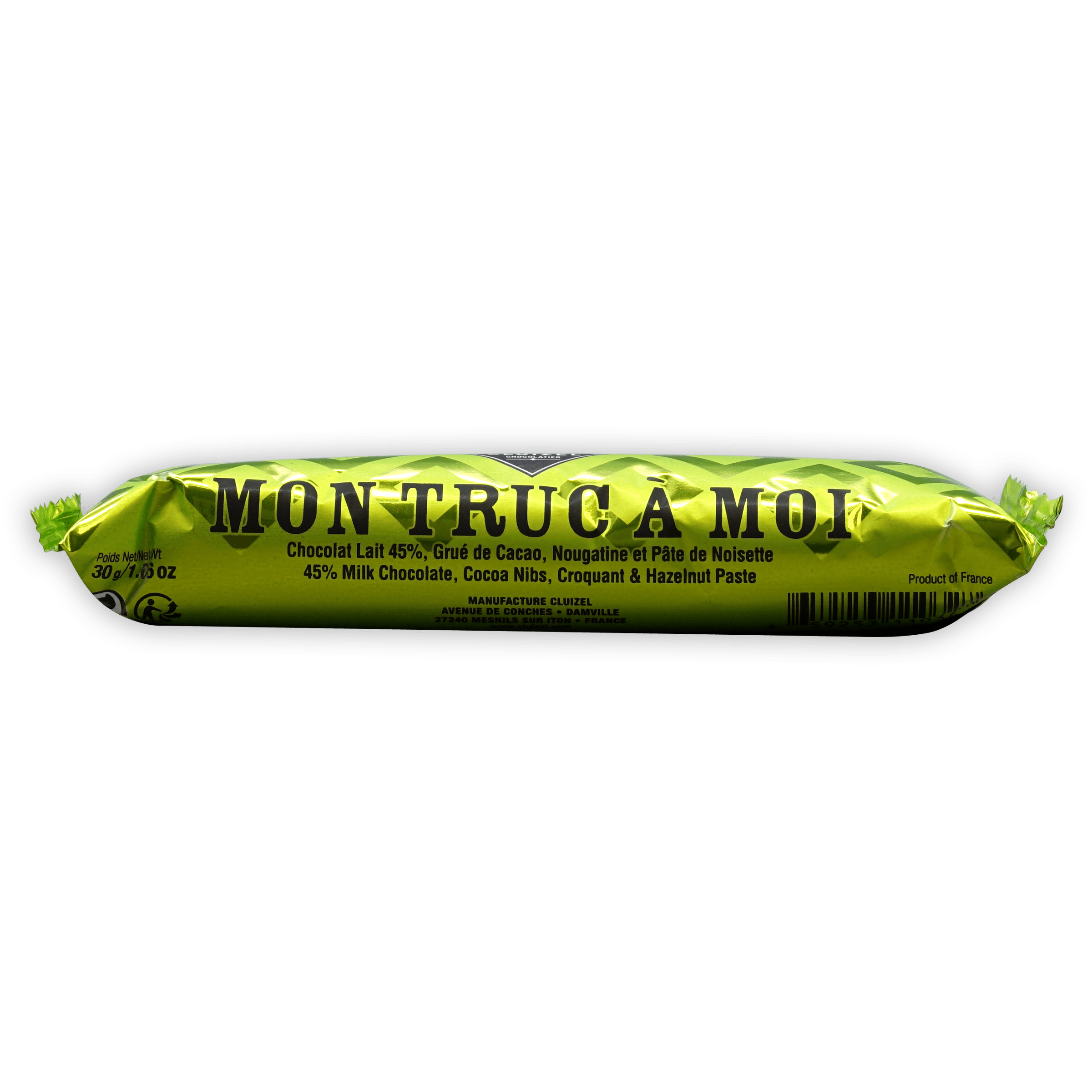 Michel Cluizel Mon Truc à Moi mini bar: vibrant lime green foil with 45% milk chocolate label