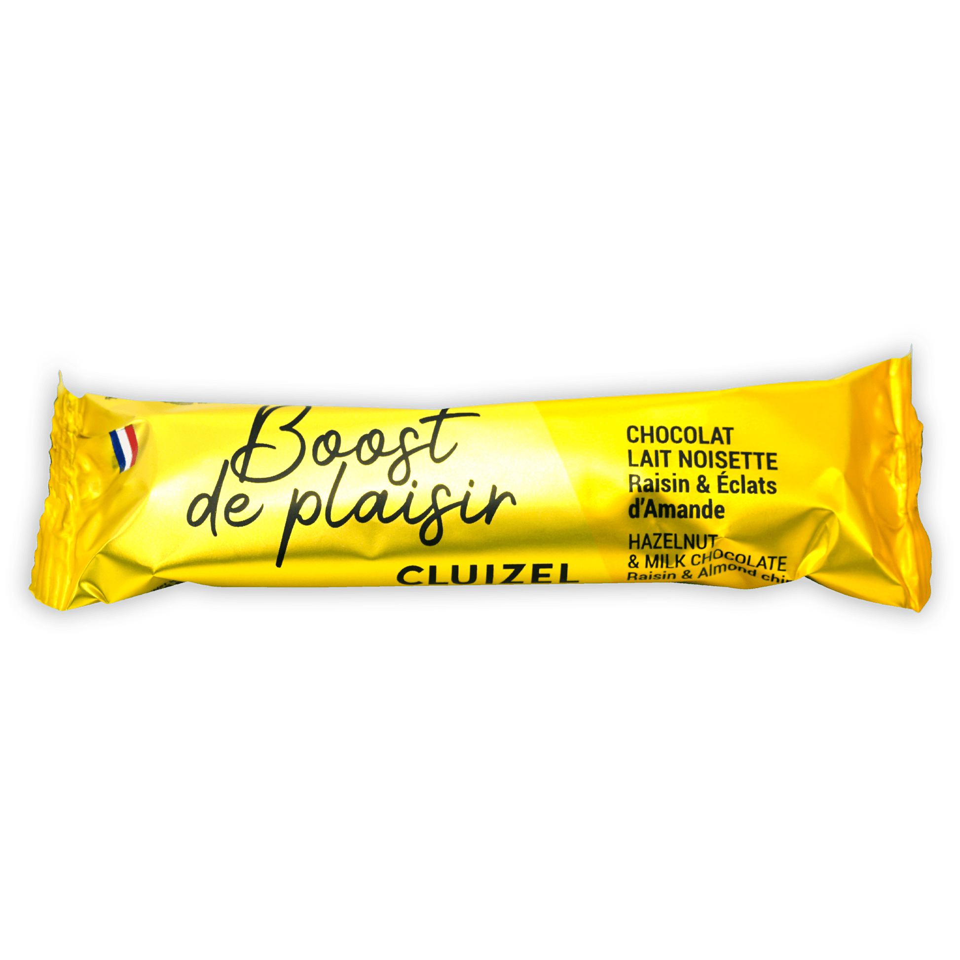 Vibrant yellow Cluizel Boost de Plaisir hazelnut milk chocolate mini bar