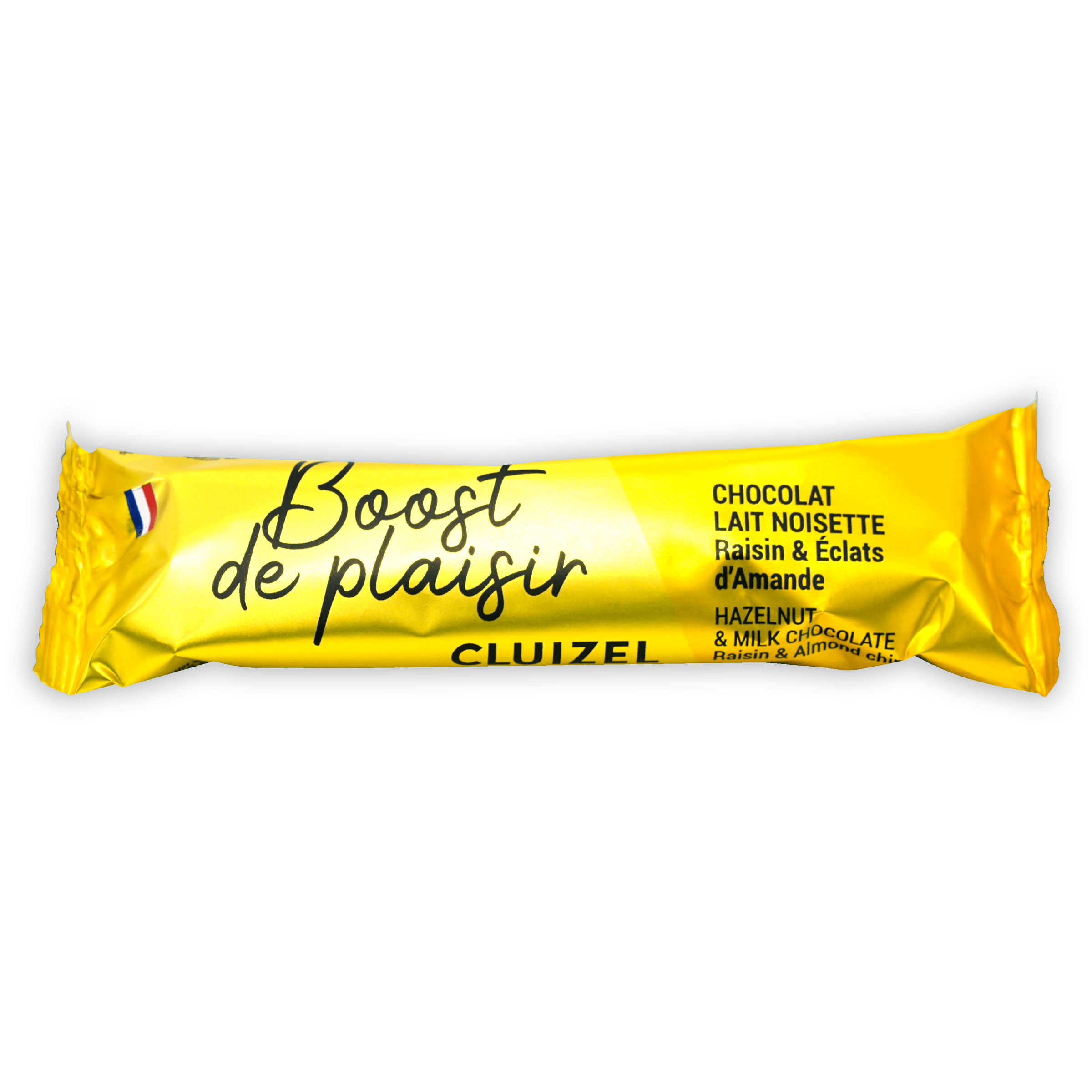 Vibrant yellow Cluizel Boost de Plaisir hazelnut milk chocolate mini bar