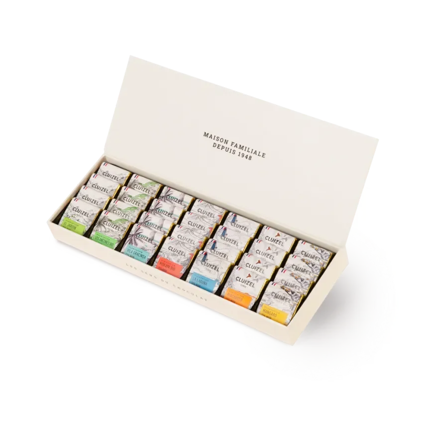 Michel Cluizel Single Estate Tasting Box with 28 colorful foil tea sachets