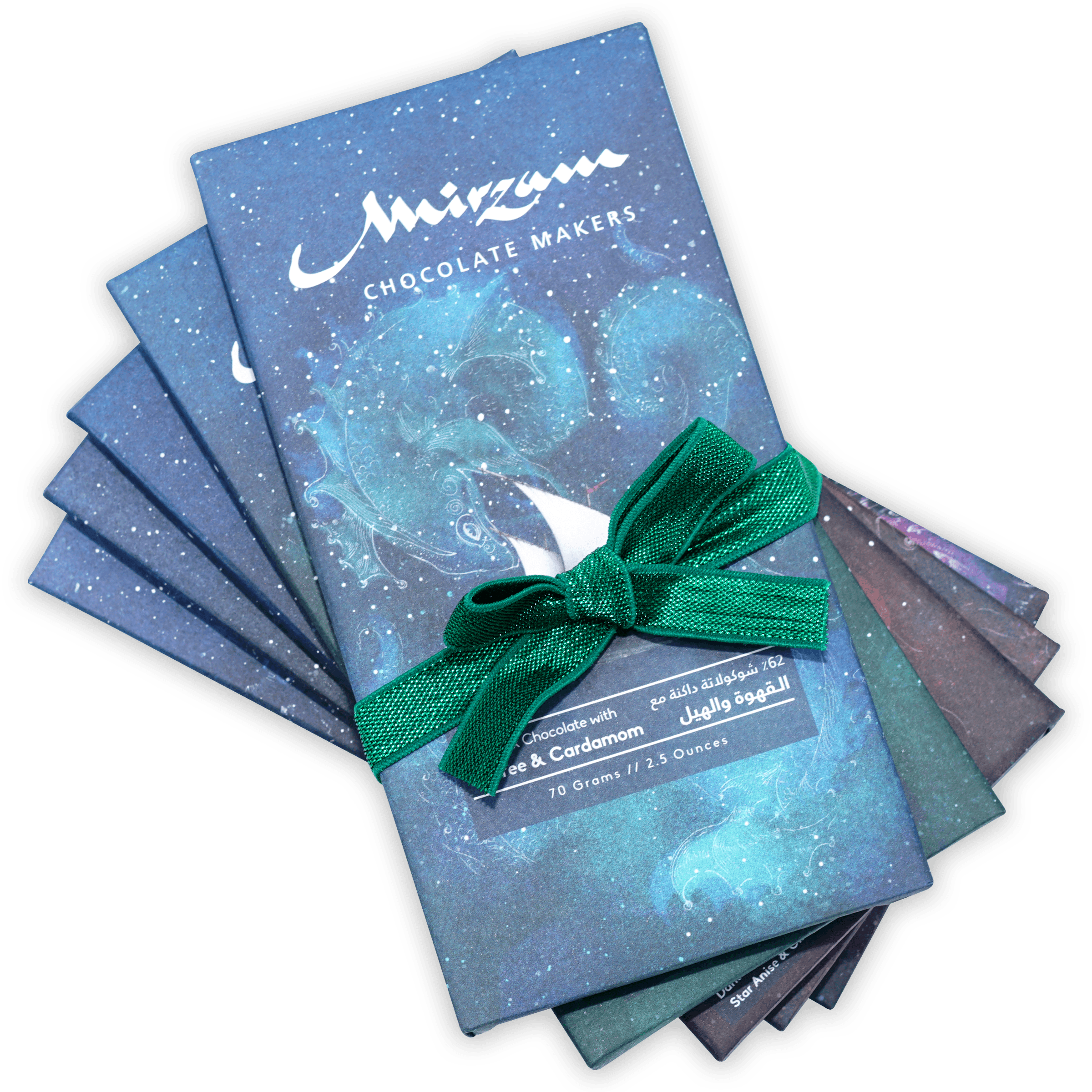 Mirzam Spiced Chocolate Bars Maps Bundle of blue starry bars with green ribbon