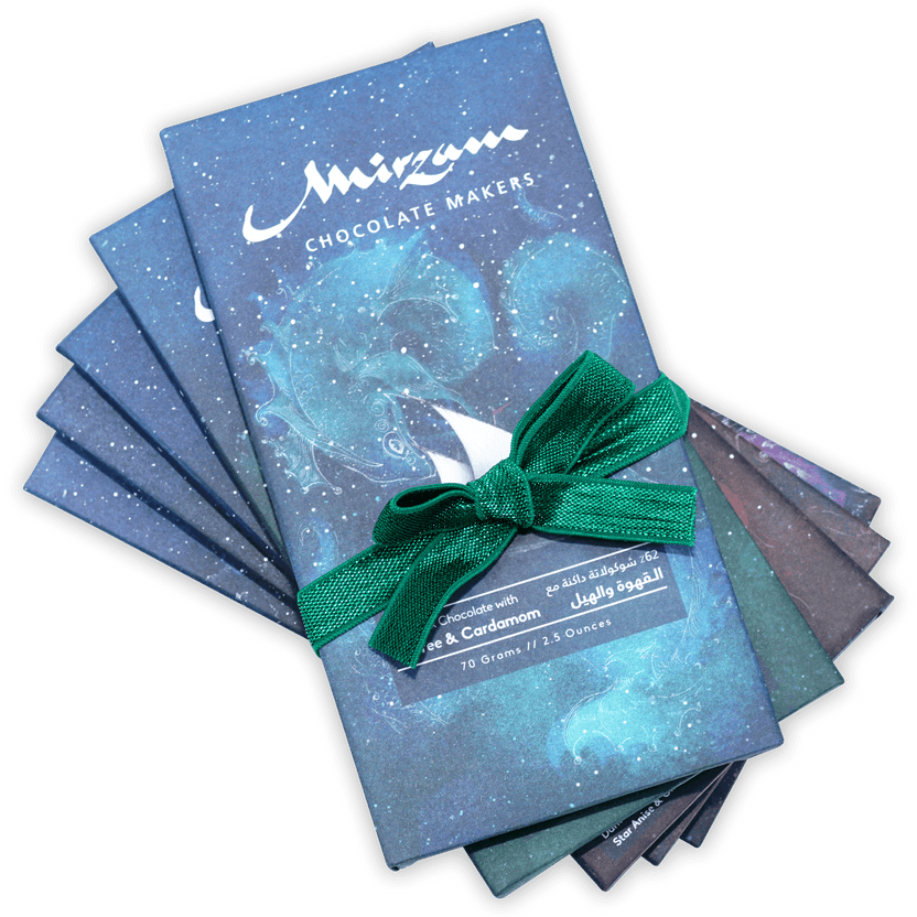 Mirzam Spiced Chocolate Bars Maps Bundle of blue starry bars with green ribbon