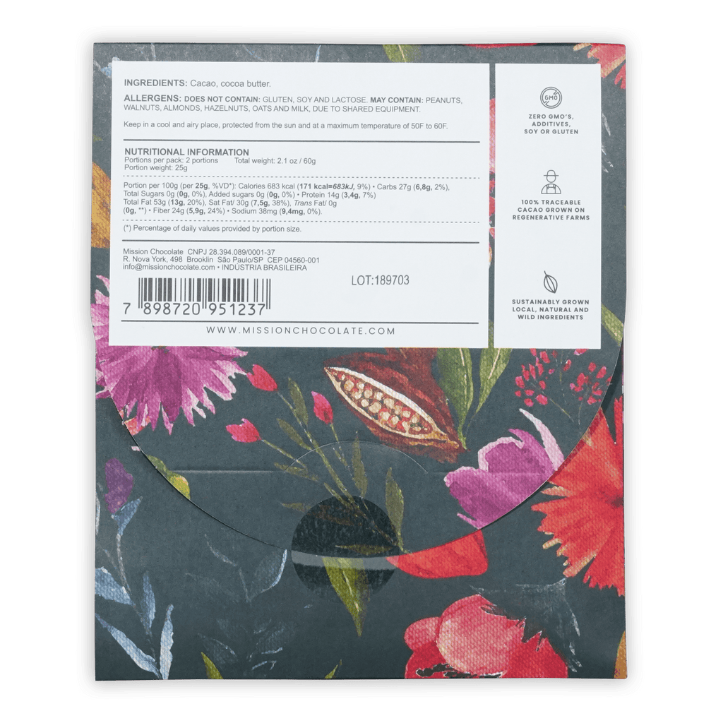 Mission chocolate 100 percent cacao dark chocolate bar wrapped in vibrant floral paper with red and pink blossoms
