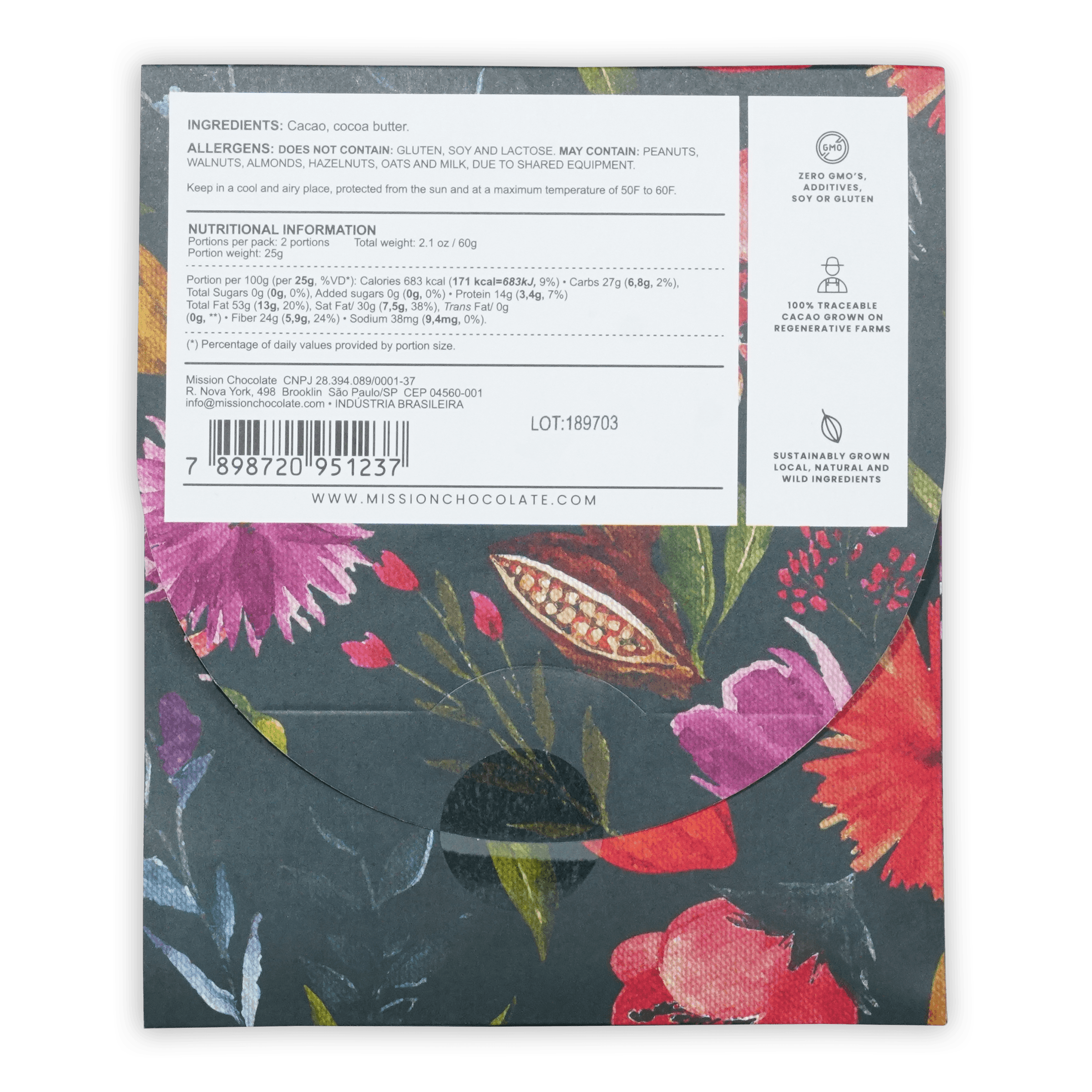 Mission chocolate 100 percent cacao dark chocolate bar wrapped in vibrant floral paper with red and pink blossoms