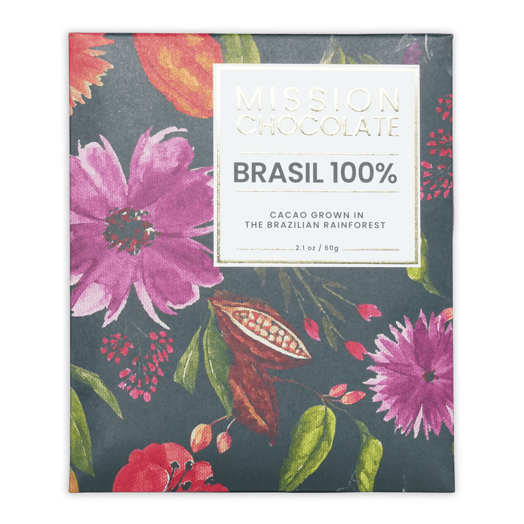 Mission chocolate brasil 100% cacao dark chocolate bar in vibrant floral box with pink red and green botanical illustrations