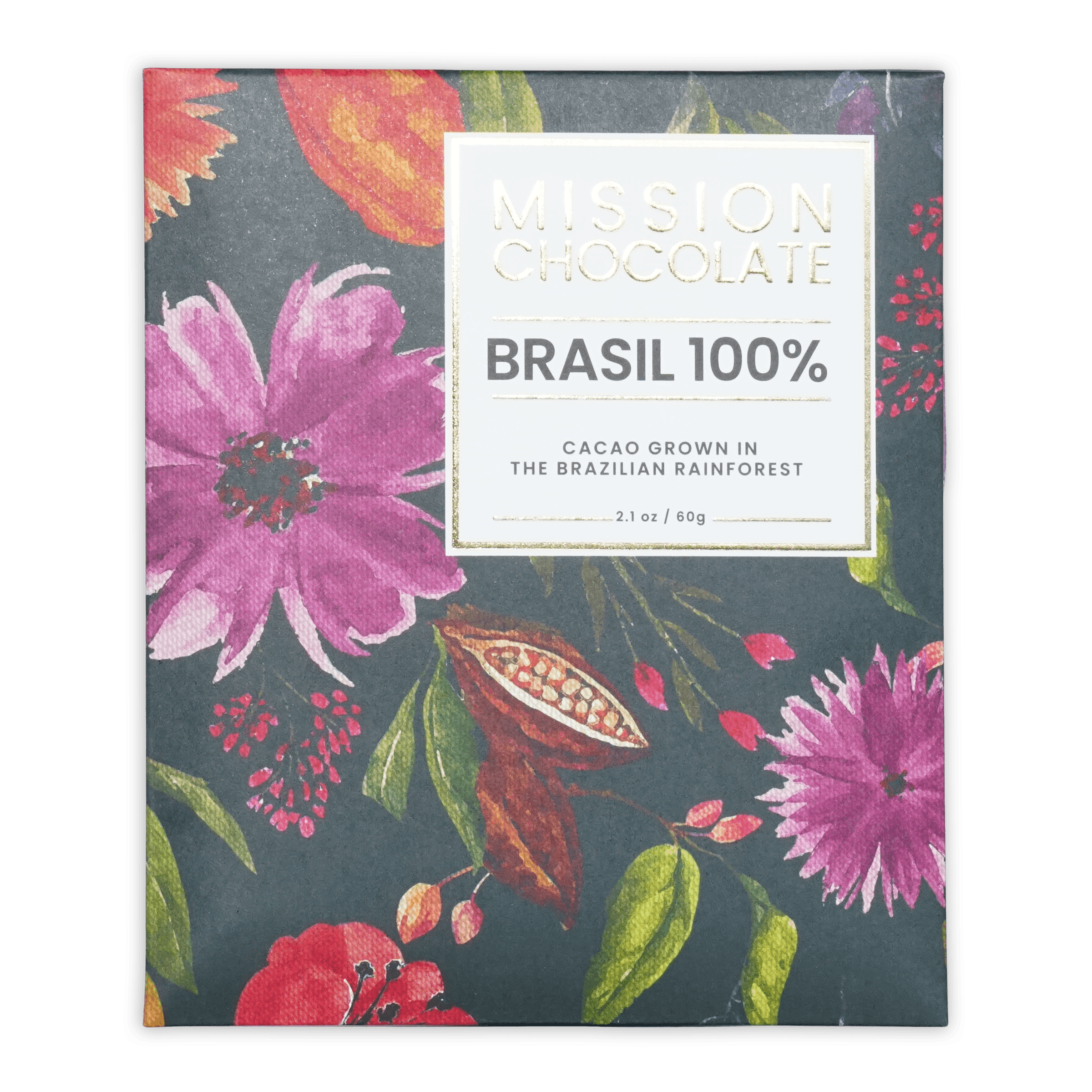 Mission chocolate brasil 100% cacao dark chocolate bar in vibrant floral box with pink red and green botanical illustrations