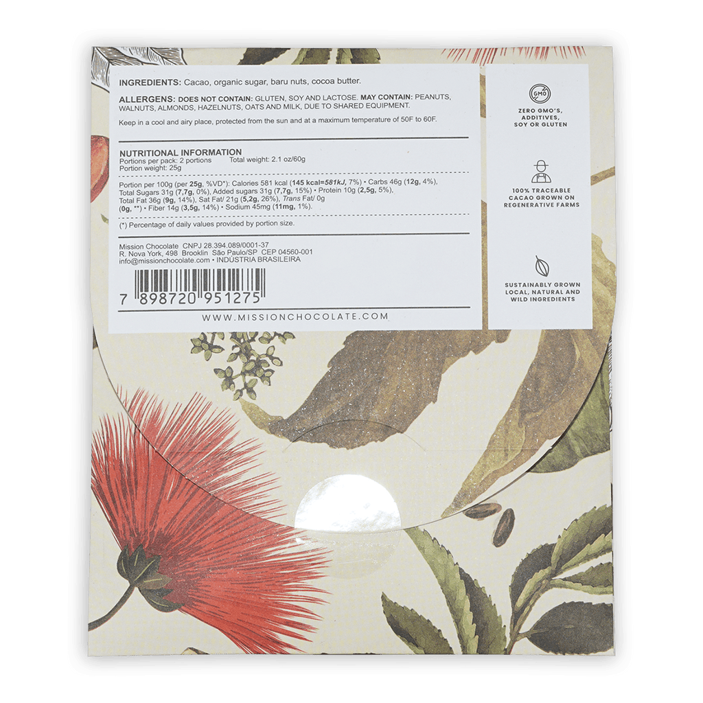 Mission Chocolate Baru Nut 70% dark chocolate bar with botanical sleeve