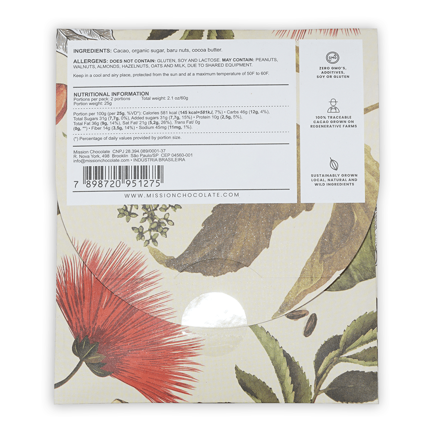 Mission Chocolate Baru Nut 70% dark chocolate bar with botanical sleeve